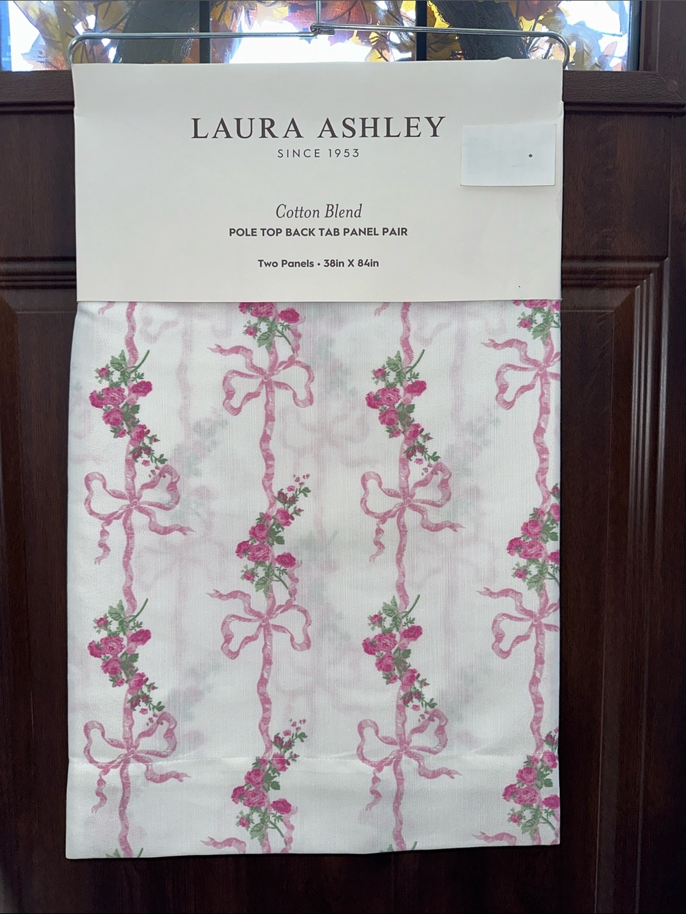 Laura Ashley White Curtain Panels with Pink Ribbon & Rose Stripe